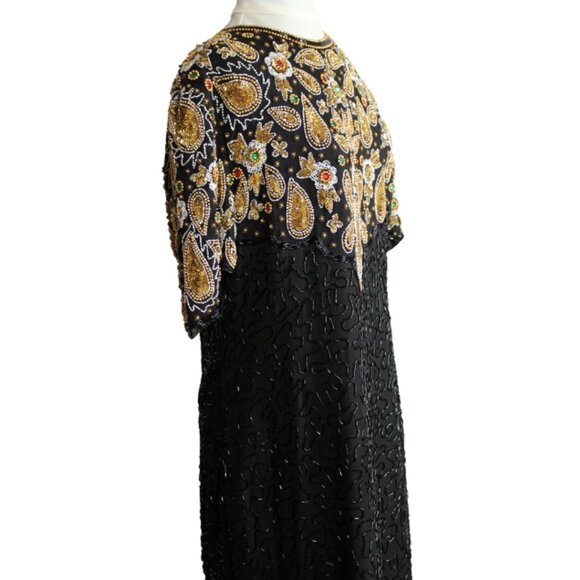 Night Vogue SZ Med 100% Silk Beaded & Sequin Black Evening Dress - Picture 6 of 16
